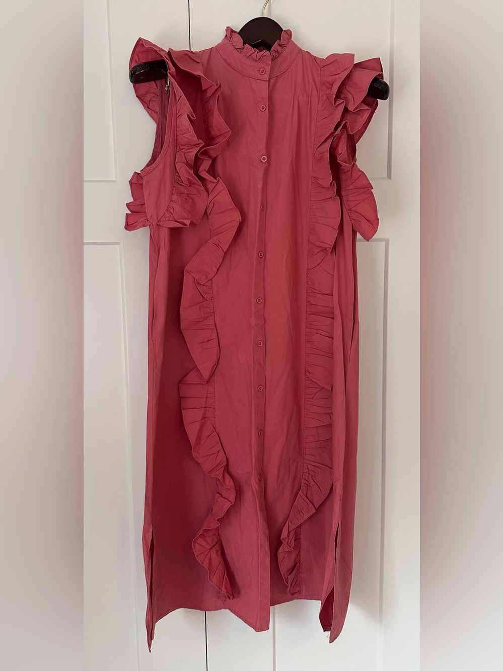 Mirror Sister Rose Ruffle Button-Front Maxi Shirt Dress L